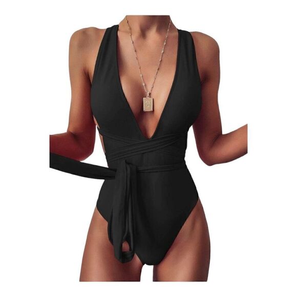 Lilosy Womens Black Halter Deep V-Neck Wrap Tie Waist One-Piece Swimsuit Size L - Picture 4 of 14